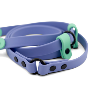 Atlas BioThane Hands-Free Leash in lavender and mint green, adjustable and durable for adventurous dogs.