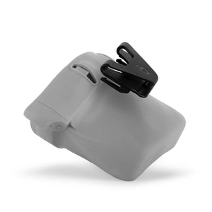 Adventure Clip for Voilà Treat Pouches attached to a gray treat pouch, designed for hands-free convenience.