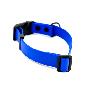 ECO Adjustable BioThane Dog Collar in blue with adjustable strap and durable buckle.