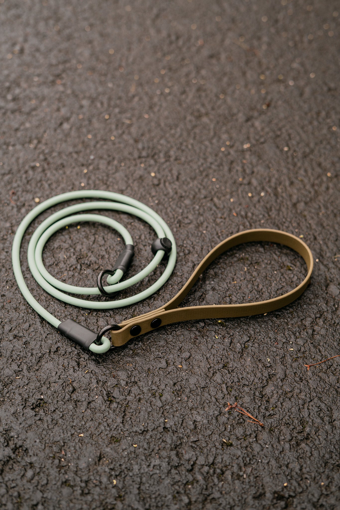 Hybrid Handle BioThane® Rope Slip Lead in two-tone green and brown, designed for comfort and durability.