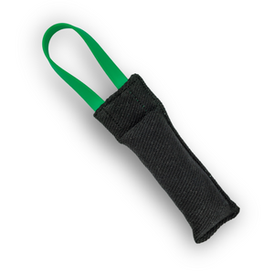 Pocket French linen tug toy with BioThane handles, handcrafted for dog training and play
