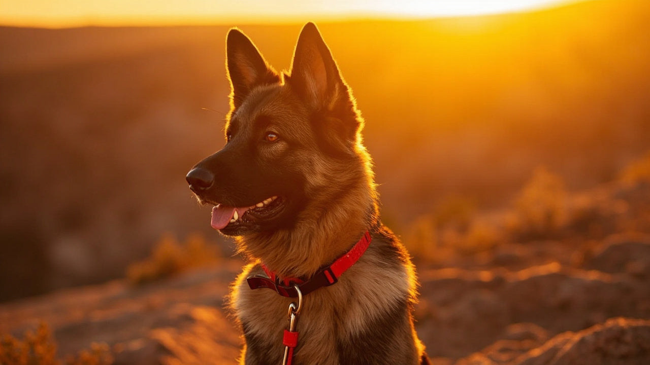 german shepherd in colorful durable dog gear on rocky trail at sunset