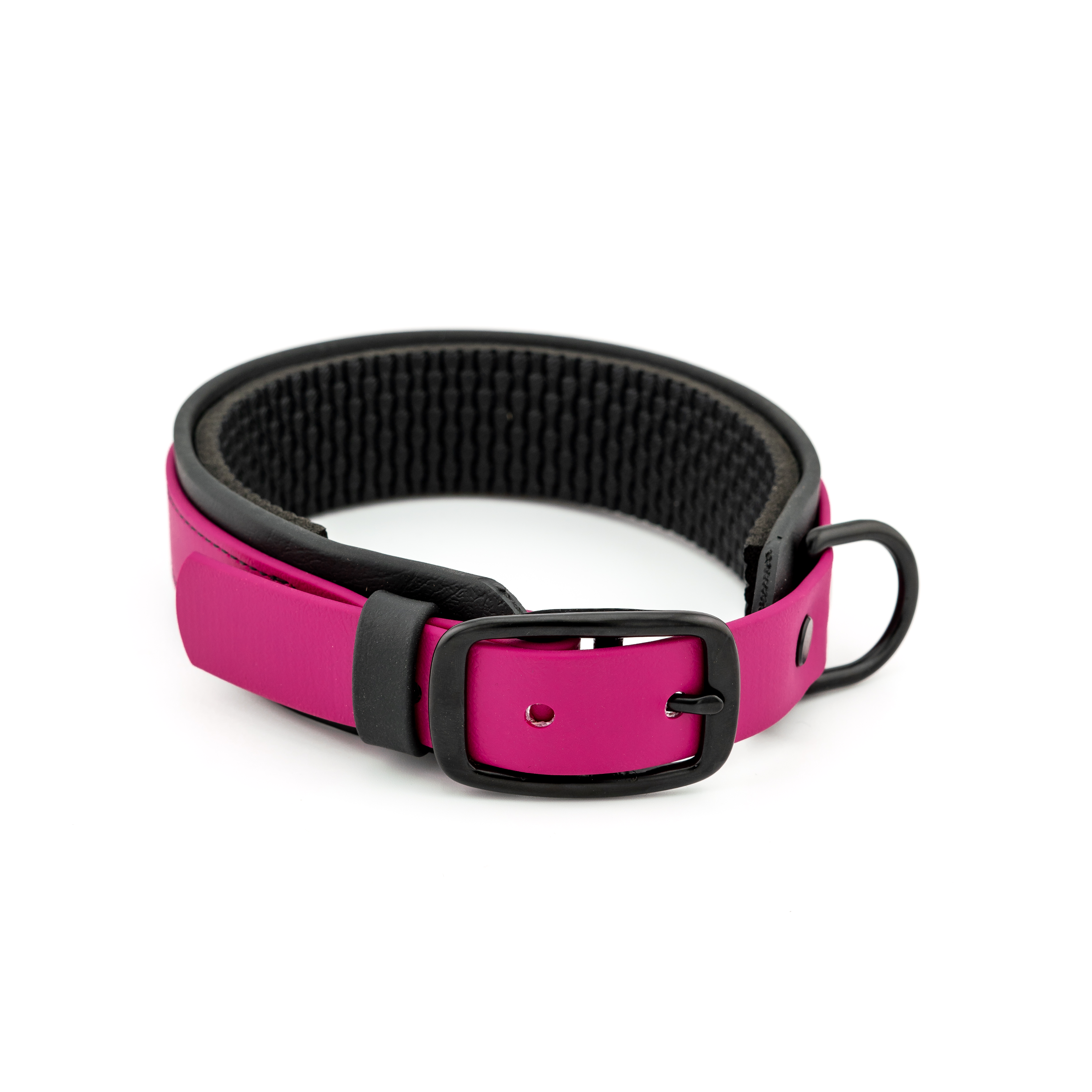 Voyager Premium BioThane adjustable dog collar in pink with optional black padding and heavy-duty stitching.