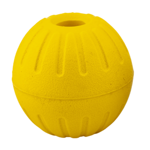 Yellow durable EVA foam ball with center hole for pet play and fetch.