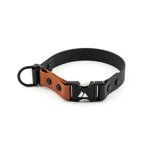 Atlas Quick-Release Slip BioThane® Collar in black and brown, customizable and durable for adventurous dogs.