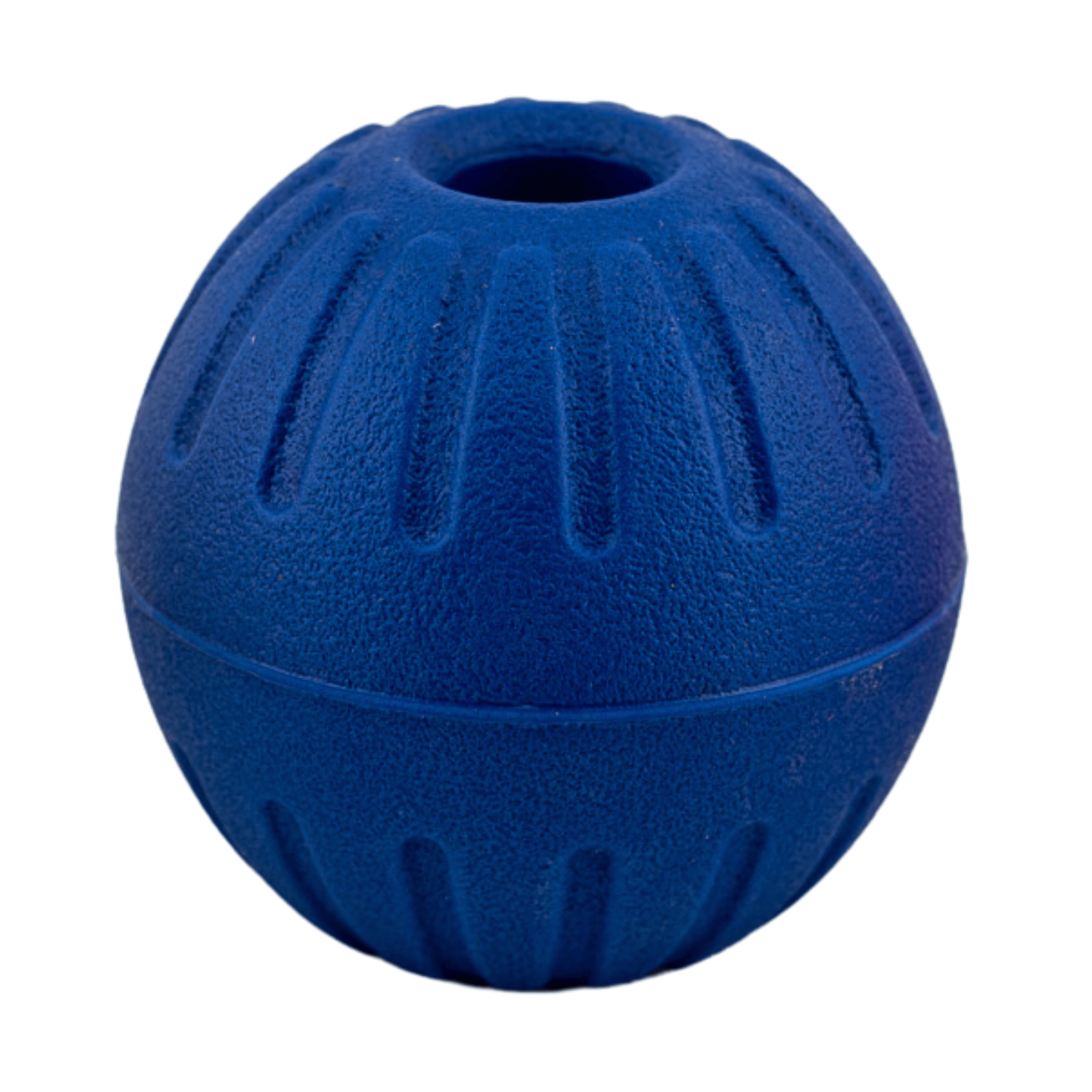 Blue durable EVA foam dog ball with center hole for safe play.