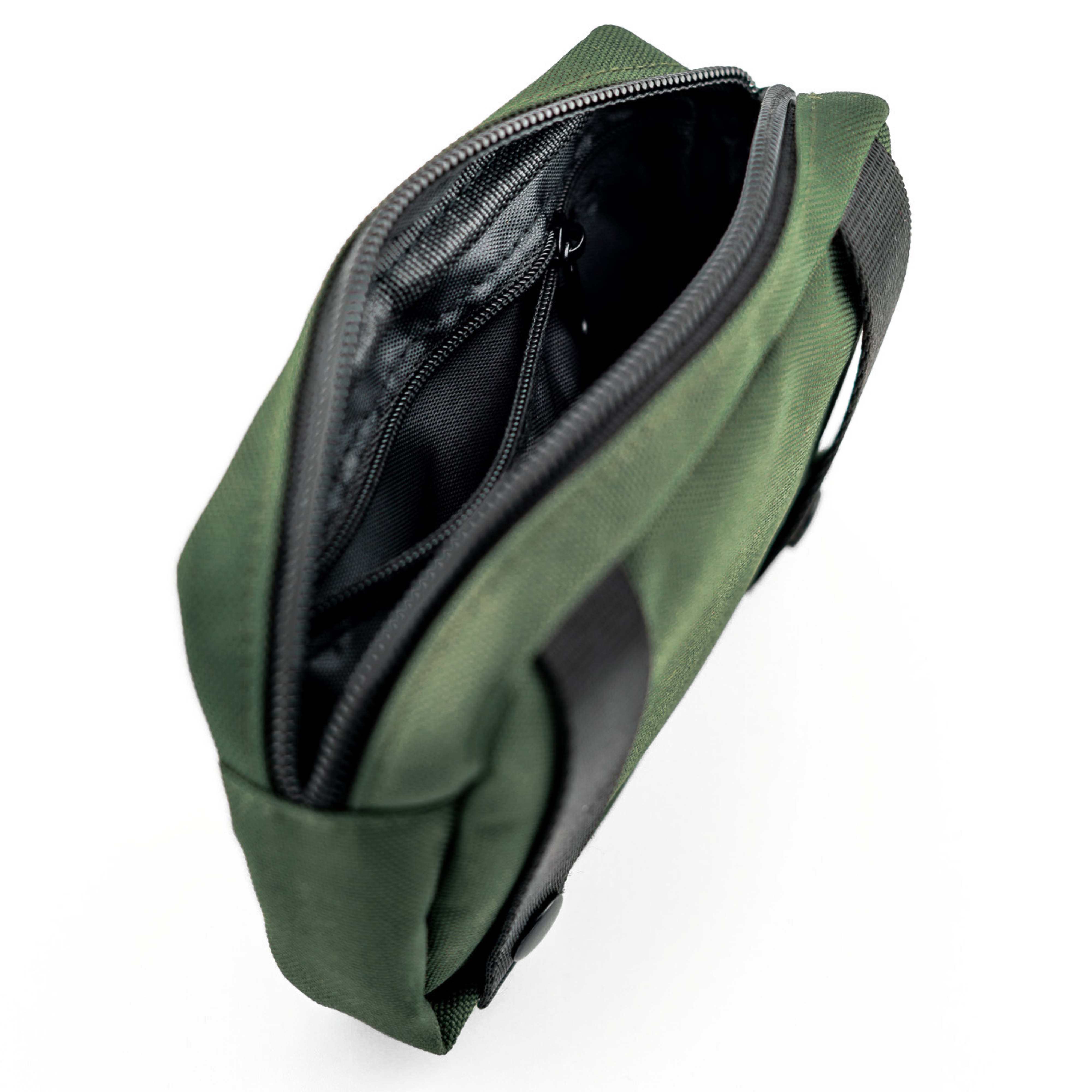 Outlander Saddlebag in green, showcasing zippers and interior compartments for convenience and durability.