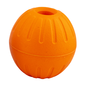 Durable orange EVA foam dog ball with center hole for safe and fun play.