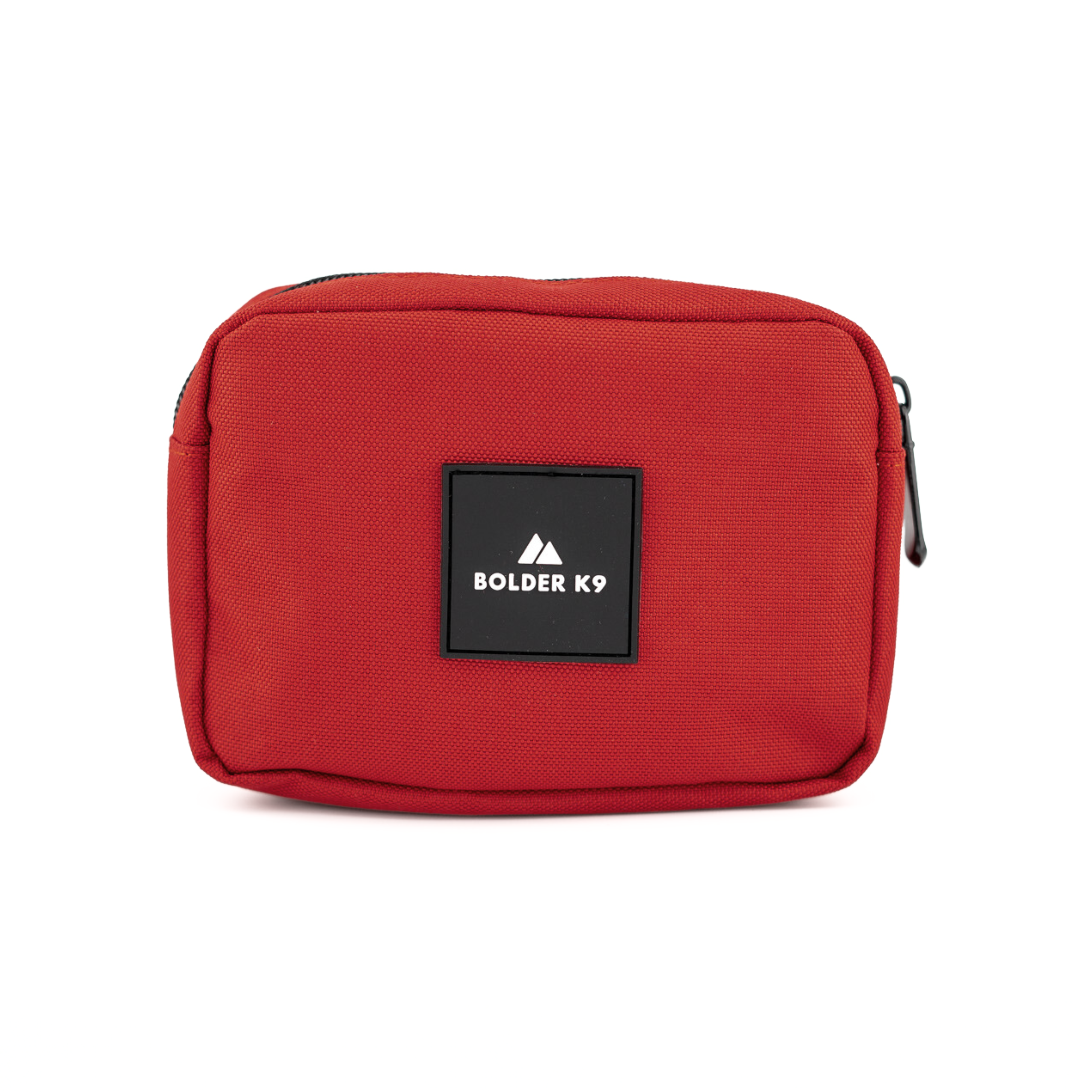 Red Outlander Saddlebag with Bolder K9 logo, ideal for dog harnesses to carry essentials on hikes and adventures.