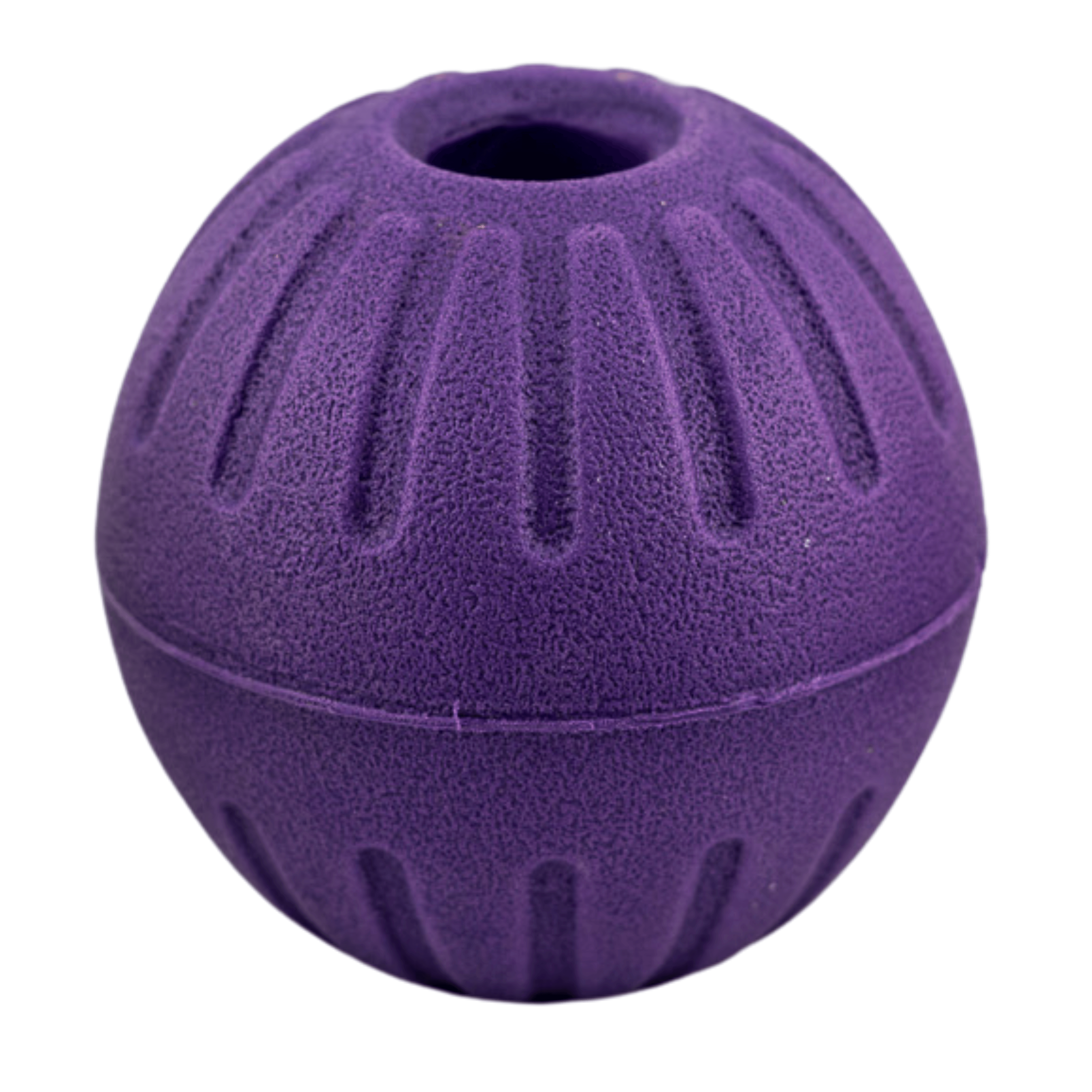 Purple durable EVA foam ball with center hole for dogs, lightweight and perfect for indoor and outdoor play.