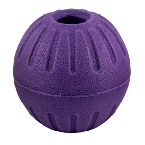 Purple durable EVA foam ball with center hole for dogs, lightweight and perfect for indoor and outdoor play.