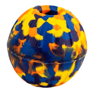 Colorful durable EVA foam ball with center hole for dog play and fetch.