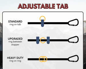 Adjustable dog leash tab options: standard, upgraded, heavy duty; showcasing different ring configurations.