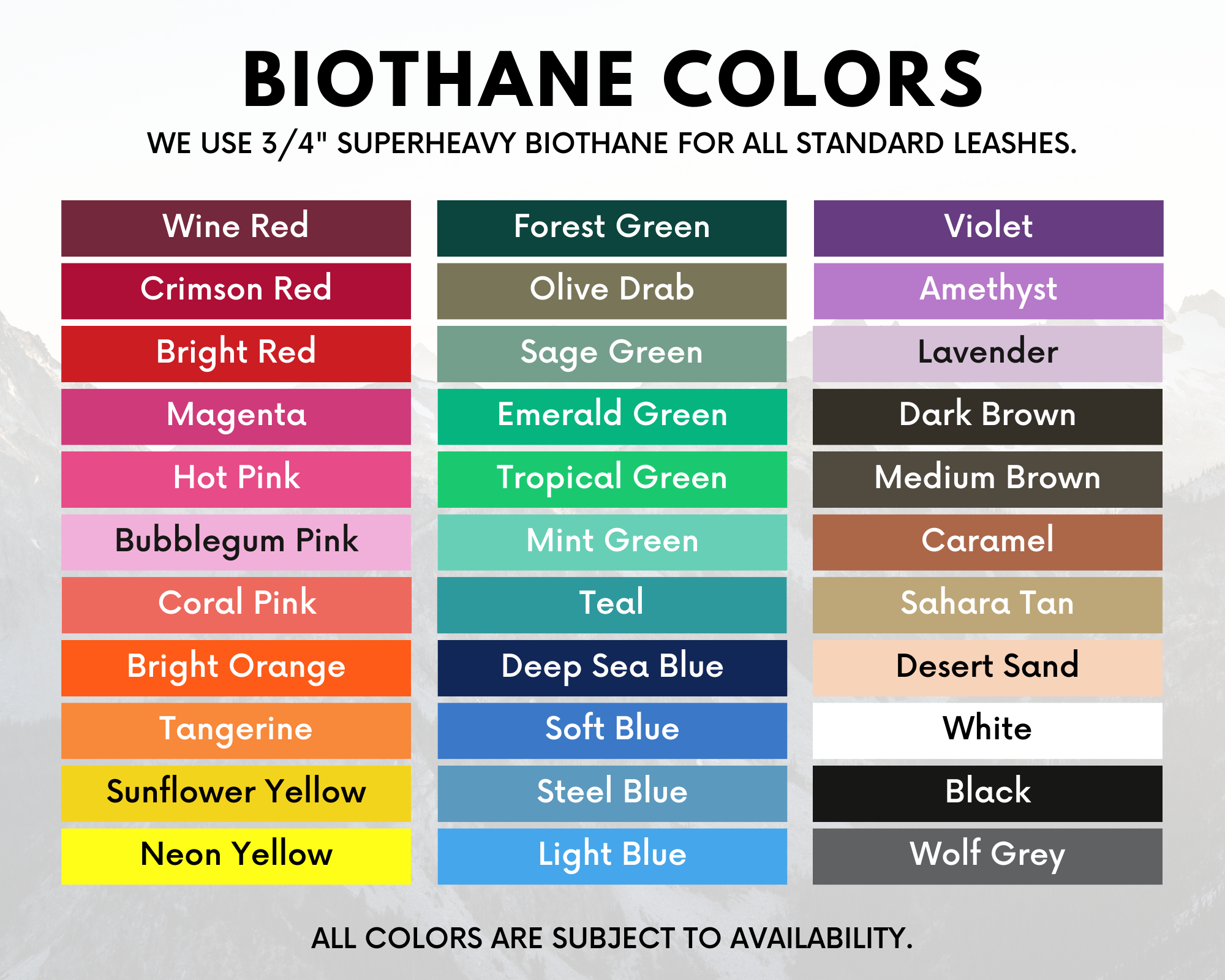 Color chart for BioThane leashes, featuring various color options including red, green, blue, yellow, and more.