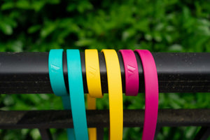 three colors of biothane tug toy straps on a background of trees