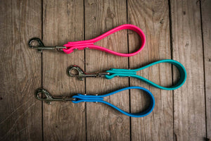 mini dog traffic leads three biothane color handles and silver clips on a wood background