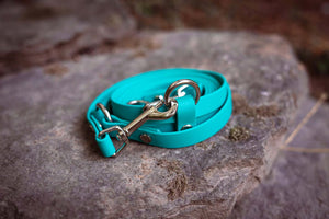 Turquoise BioThane adjustable dog leash on a rock surface, showcasing a durable metal clasp.