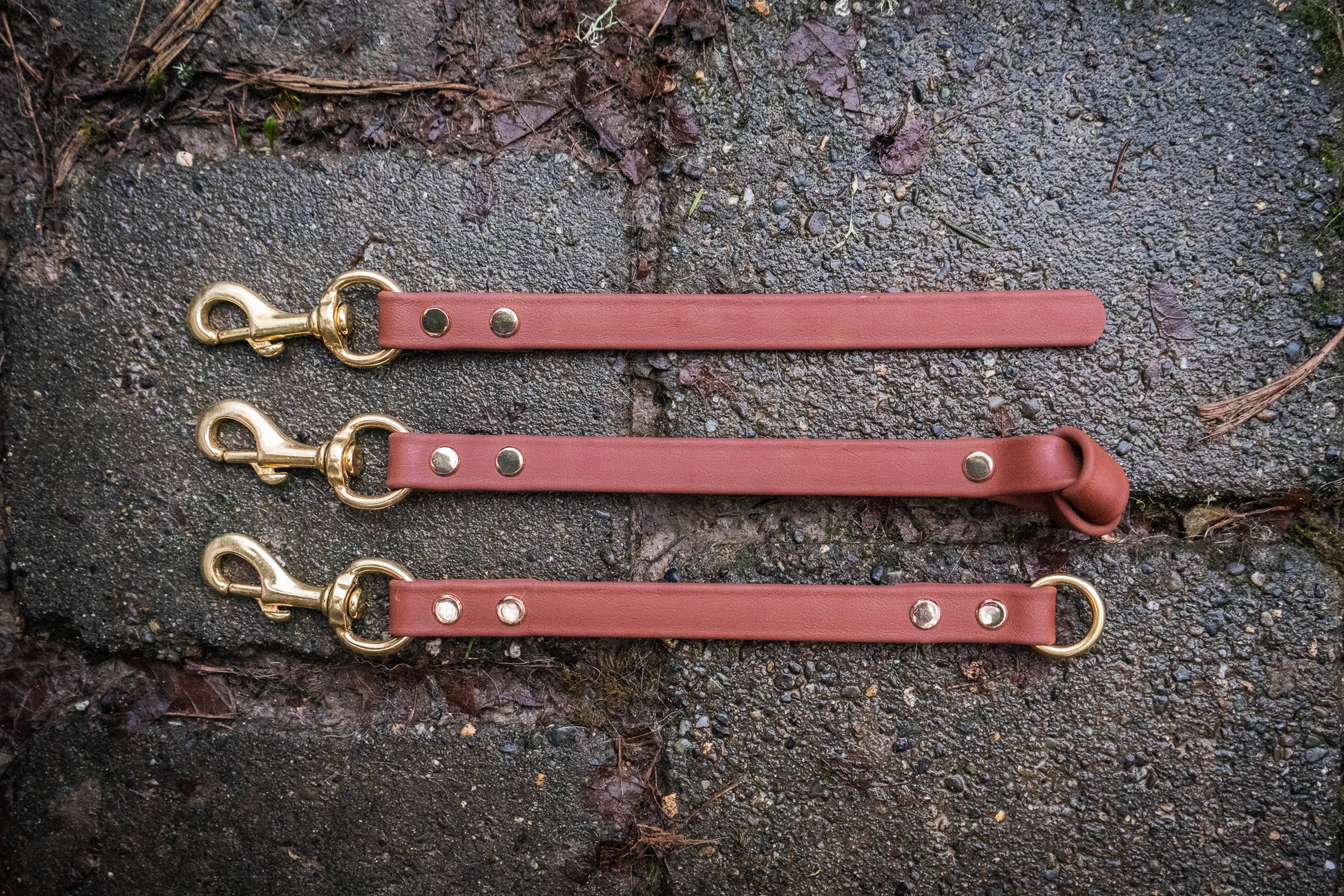 biothane short tab dog handle in brown with gold hardware on a stone background