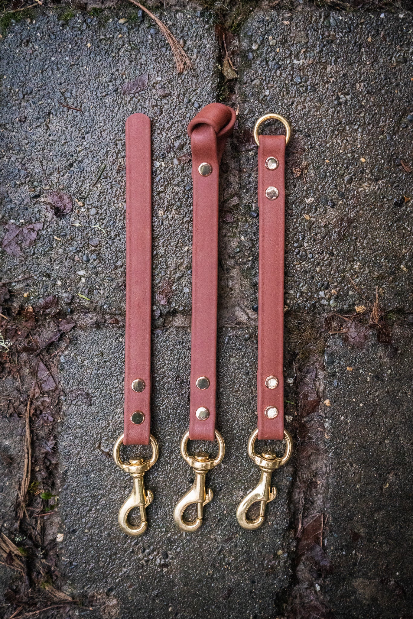biothane short tab dog handle in brown with gold hardware on a stone background