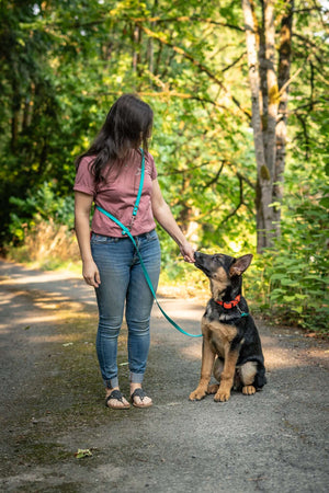 Woman walking dog in forest using Tiny But Mighty Hands-Free BioThane® Adjustable Cross-Body Dog Leash