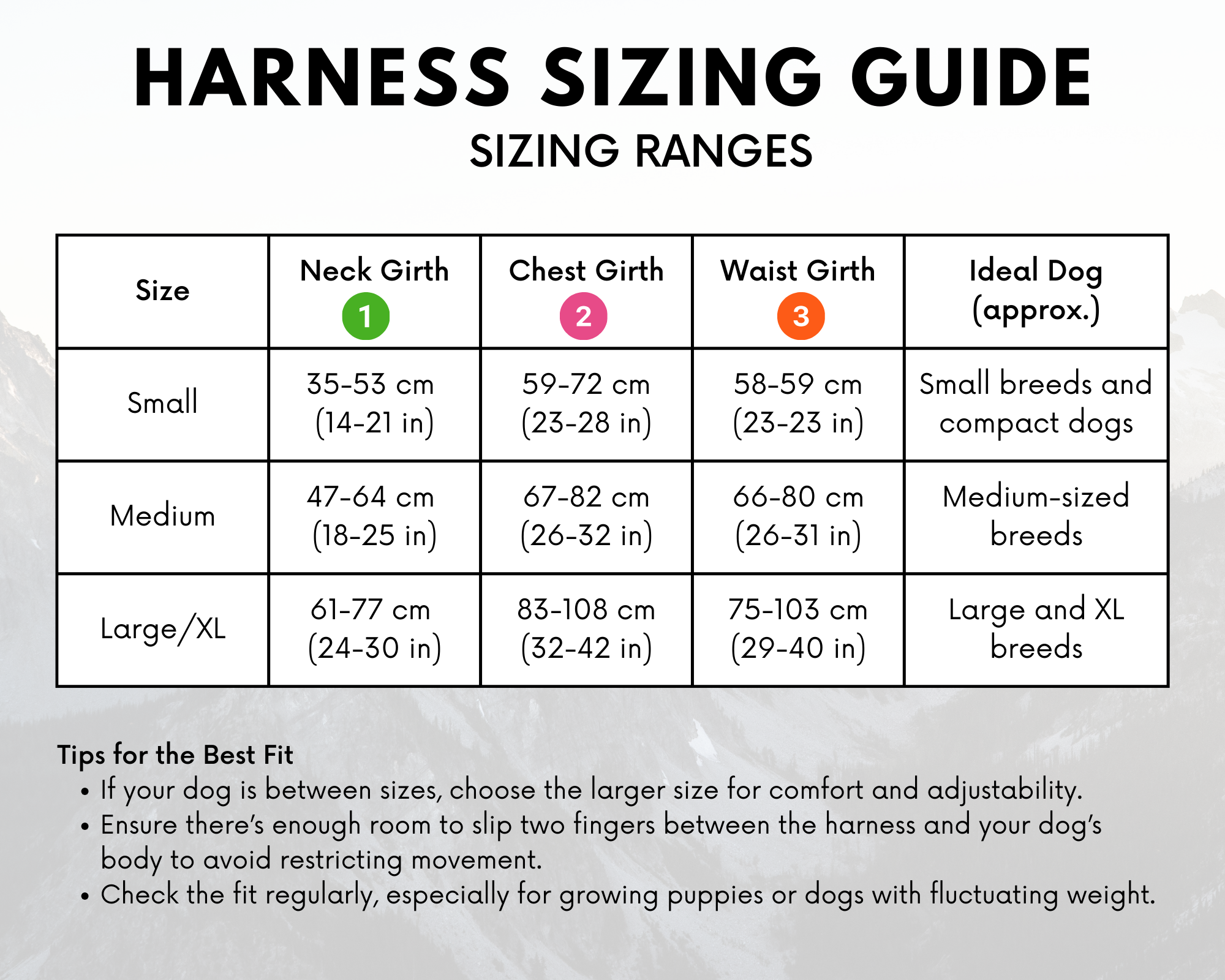 Outlander dog harness sizing guide with neck, chest, waist girth measurements for small, medium, and large dogs.