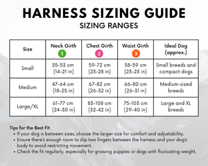 Outlander dog harness sizing guide with neck, chest, waist girth measurements for small, medium, and large dogs.