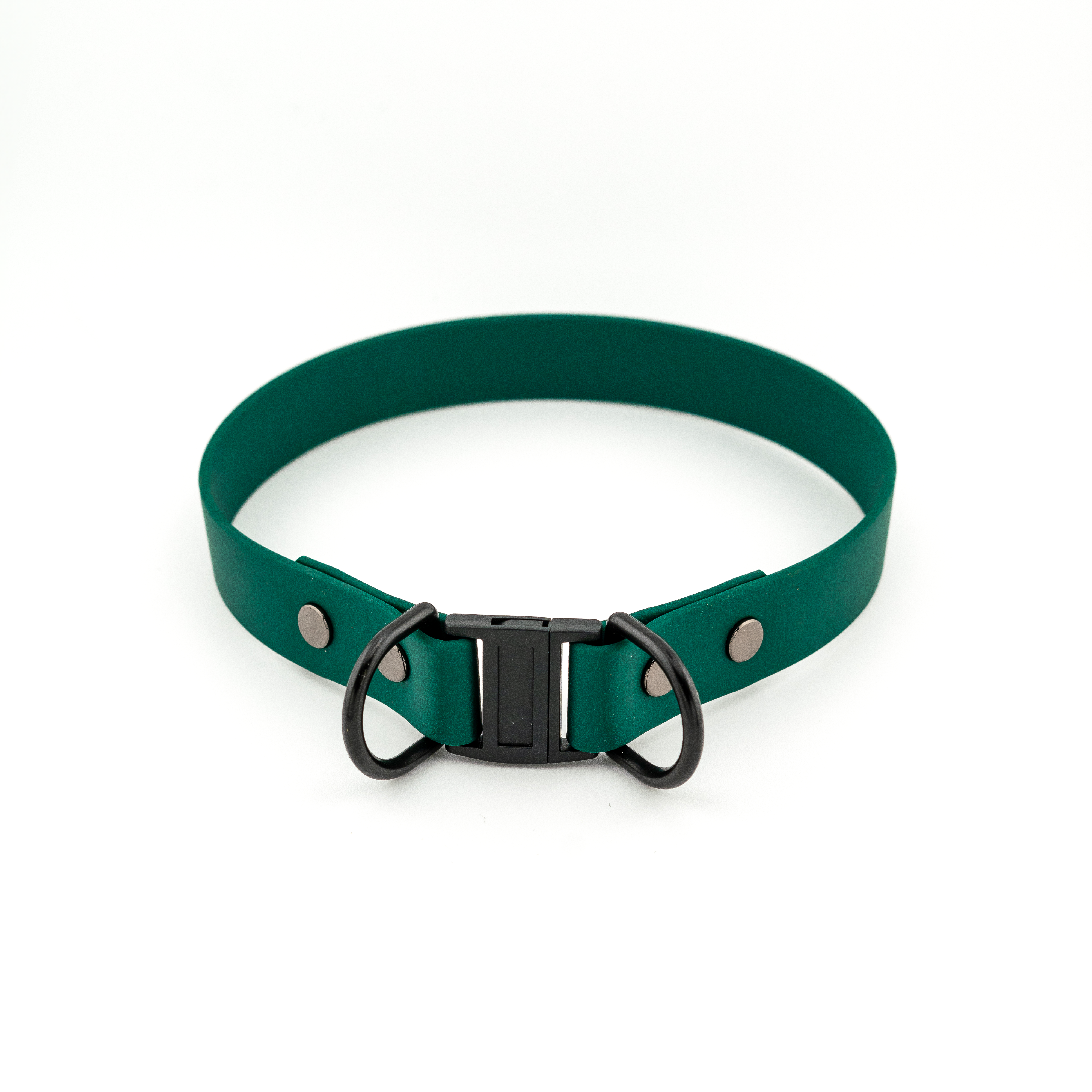 Green BioThane dog collar with breakaway clasp, safety-focused design, 1 inch wide. Profits support True North GSD Rescue.