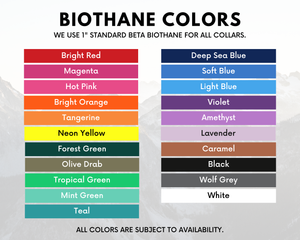 Biothane color options chart showing various vibrant colors for adjustable martingale collars.