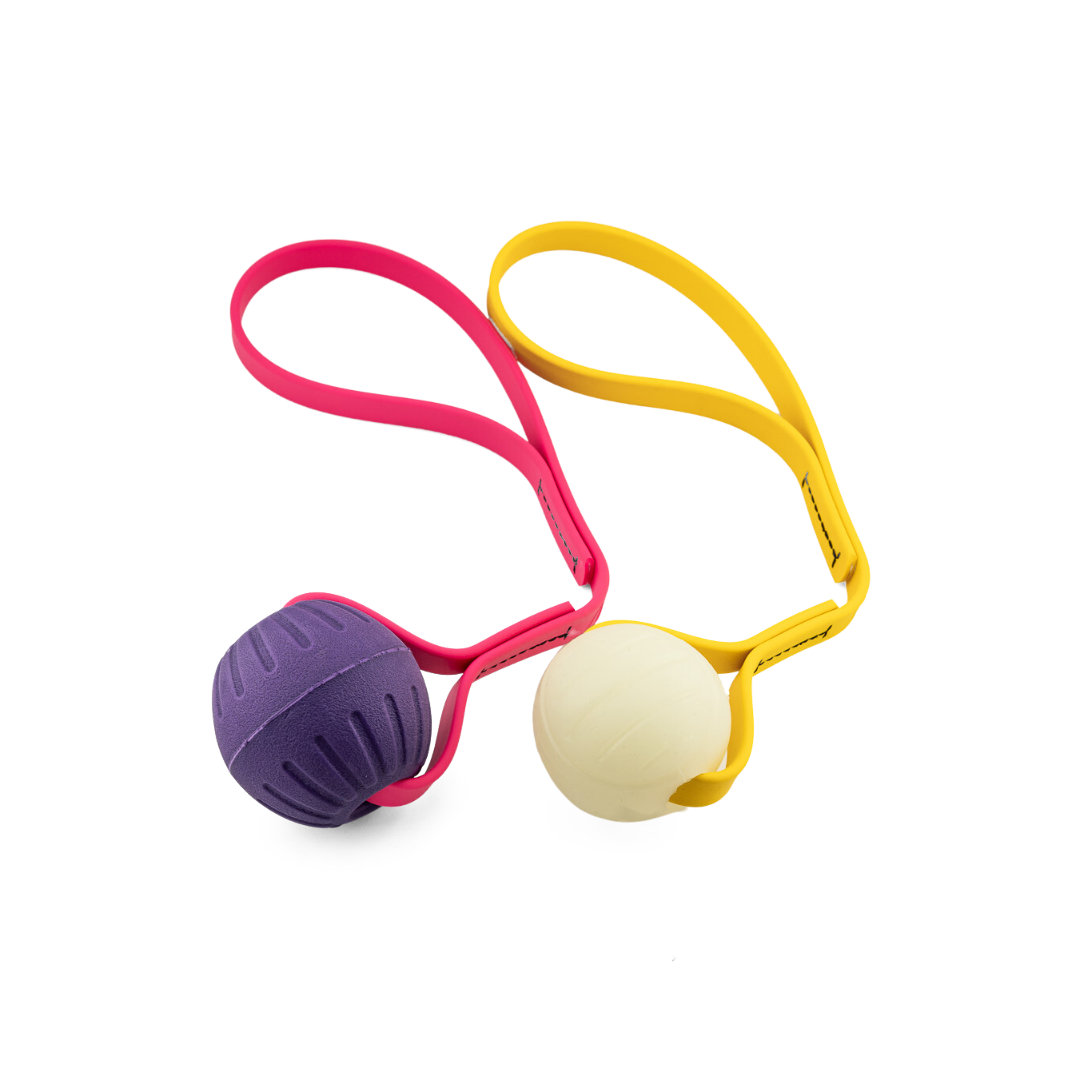 Colorful tug toys for dogs, featuring purple and yellow balls with durable handles for playful tugging.