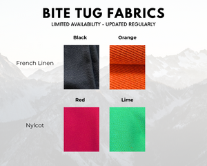 Color options for bite tug fabrics: French Linen in black, orange, Nylcot in red and lime.