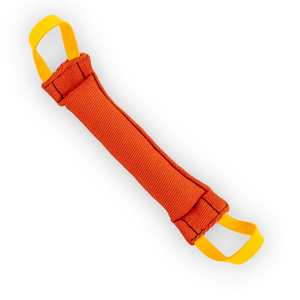 Reinforced bite tug with BioThane handles, handcrafted in orange French linen for durable dog training and play.