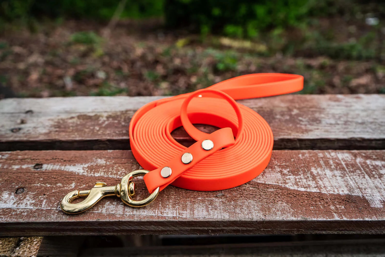 biothane long line dog leash in orange with gold hardware on a wood background