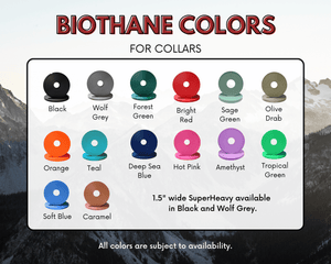 BioThane dog collar color options, including black, grey, green, red, orange, teal, blue, pink, purple, and caramel.