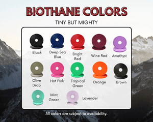 BioThane color options for Tiny But Mighty dog leash in 12 shades including black, red, green, and purple against mountain backdrop.