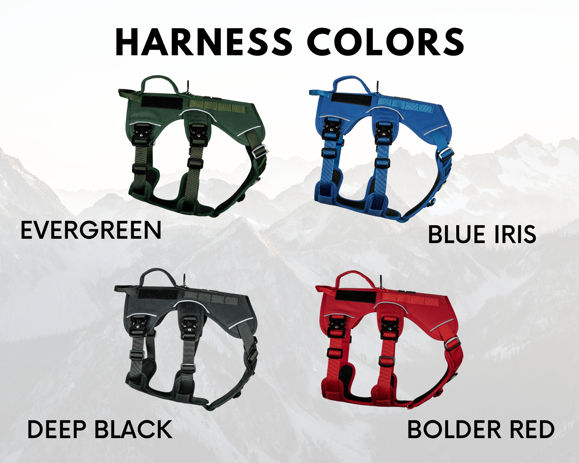 Outlander dog harness colors: Evergreen, Blue Iris, Deep Black, and Bolder Red displayed against a mountain backdrop.