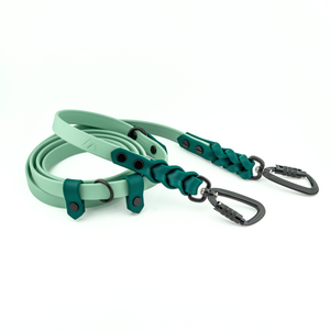 Trailblazer BioThane® cross-body dog leash featuring adjustable hands-free design and braided ends.