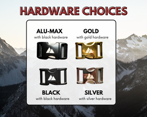 Atlas collar hardware options in Alu-Max, Gold, Black, and Silver shown on mountain background.