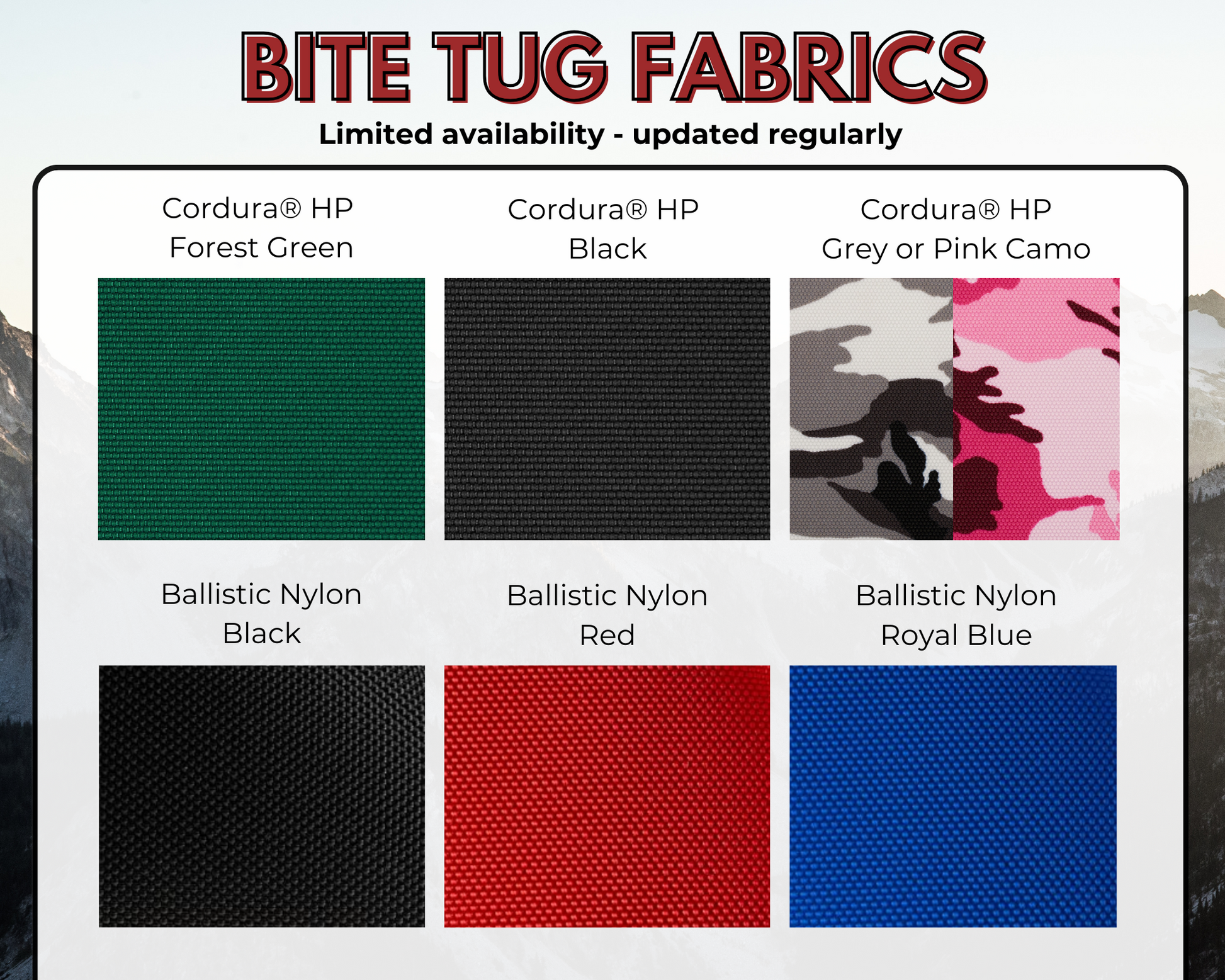 various bite tug fabrics displayed as an infographic.