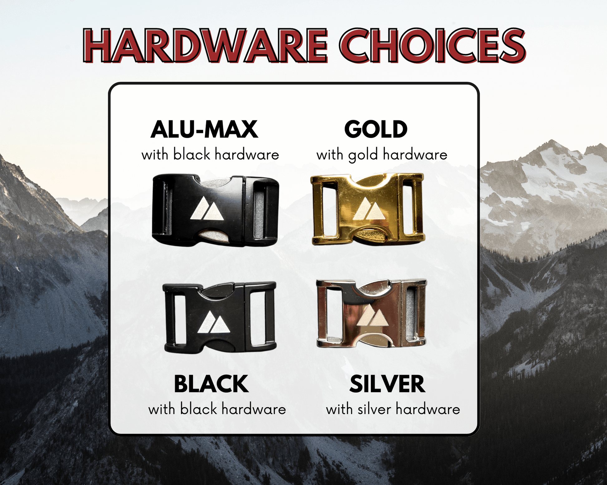 infographic highlighting different buckle choices for biothane collar customization