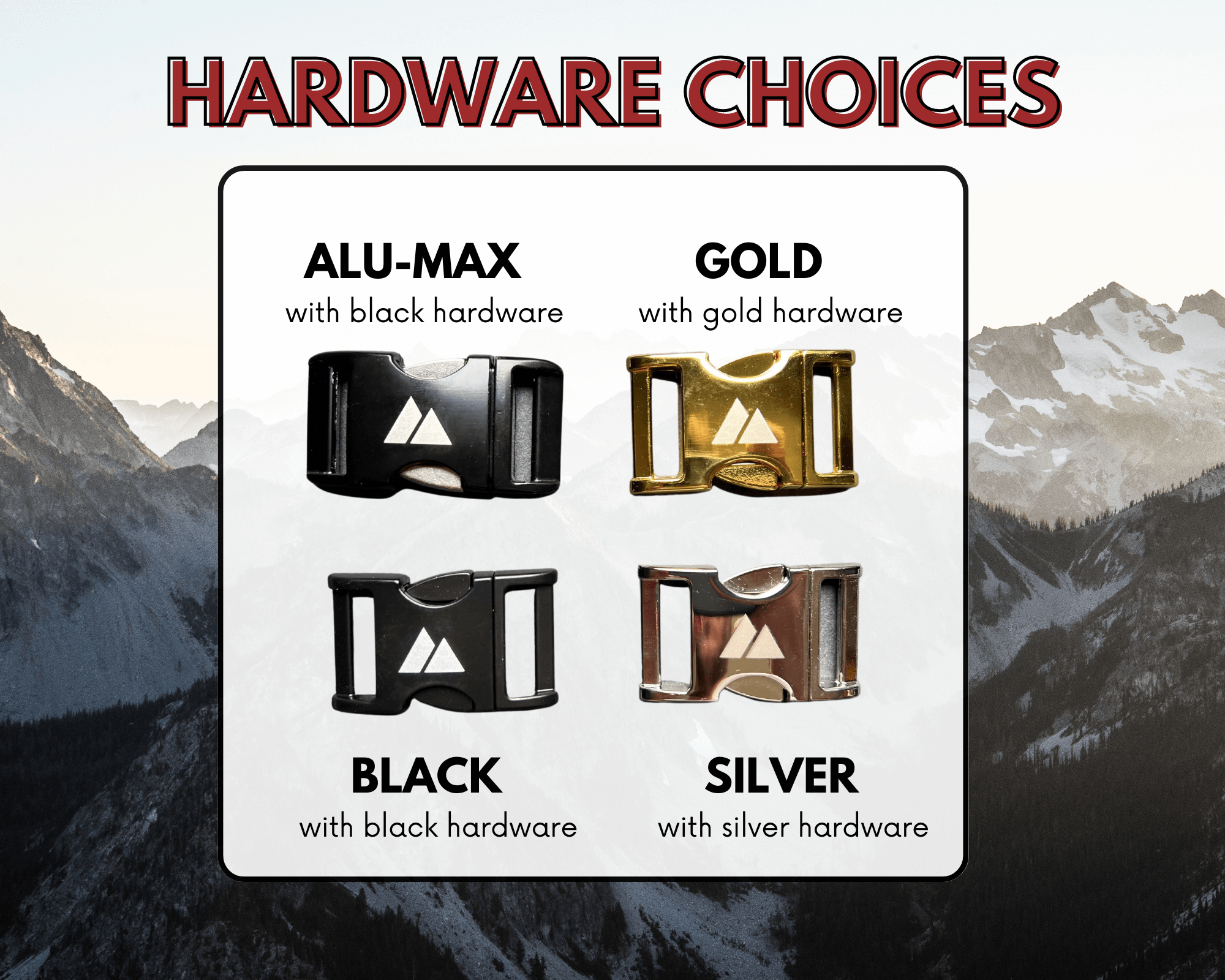 "Hardware choices for customizable slip dog collar in Alu-Max, Gold, Black, and Silver options with scenic mountain background"