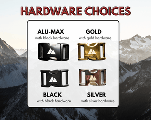 "Atlas Collar hardware choices: Alu-Max, Gold, Black, Silver buckle options with mountain background."