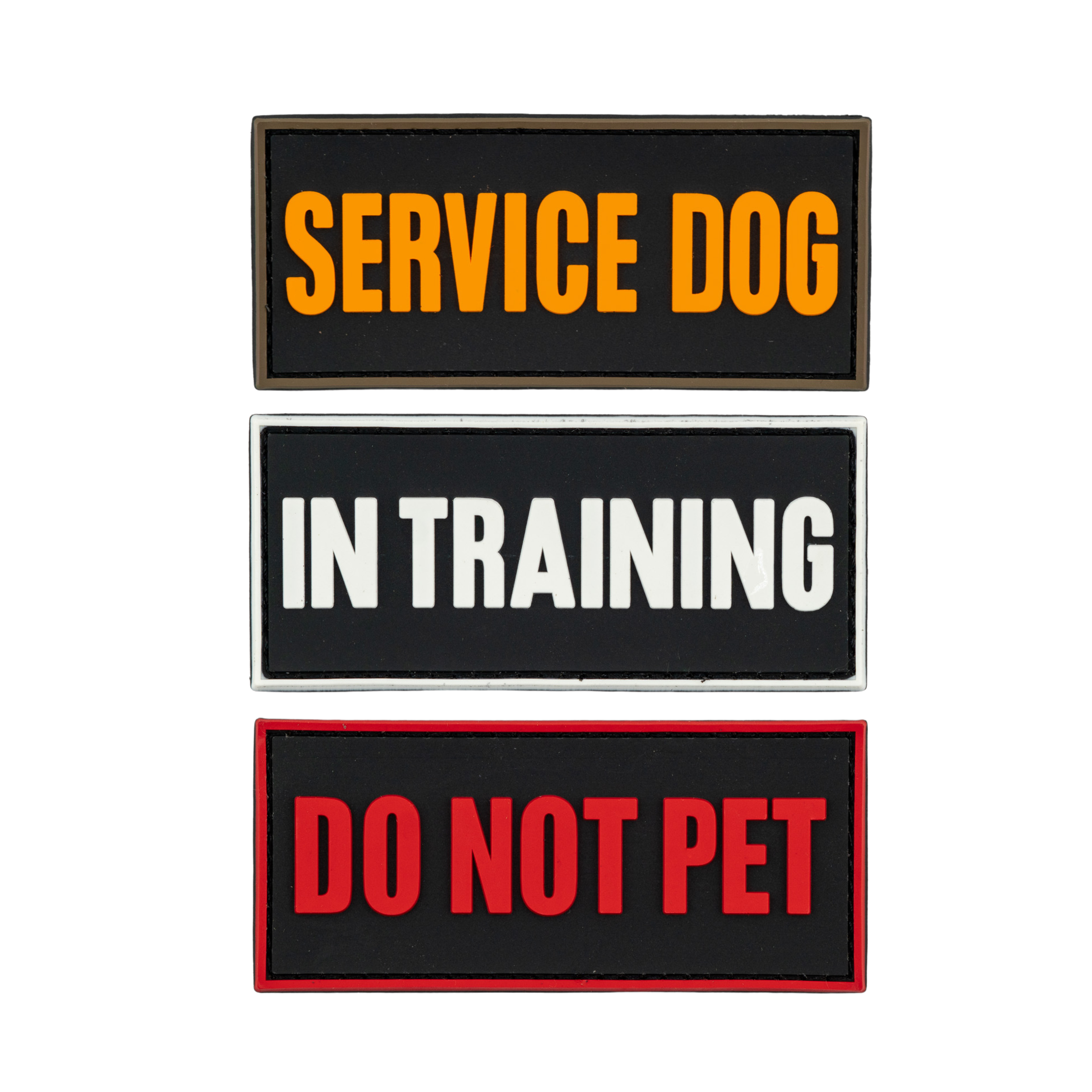 Three PVC dog harness patches: "SERVICE DOG," "IN TRAINING," and "DO NOT PET" for customizable pet gear.