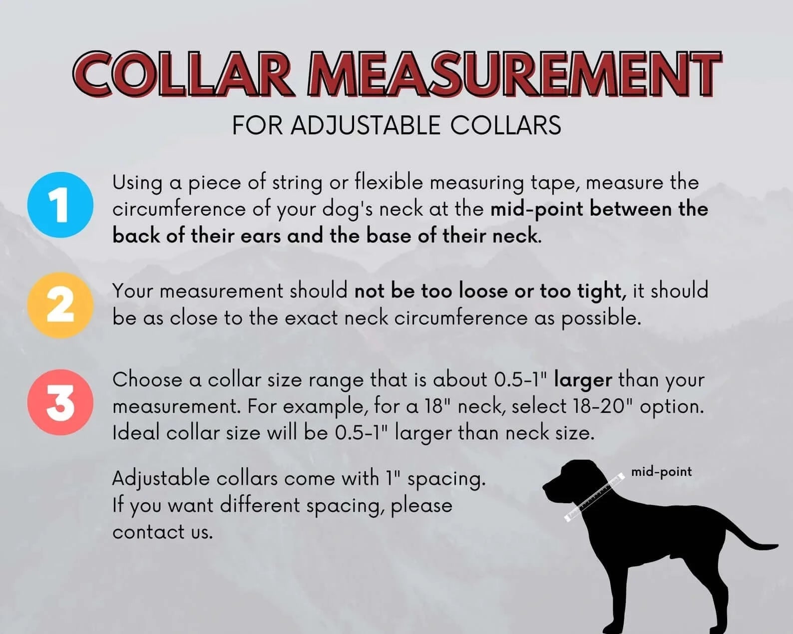 "Collar measurement instructions for adjustable dog collars with size guide and silhouette illustration"