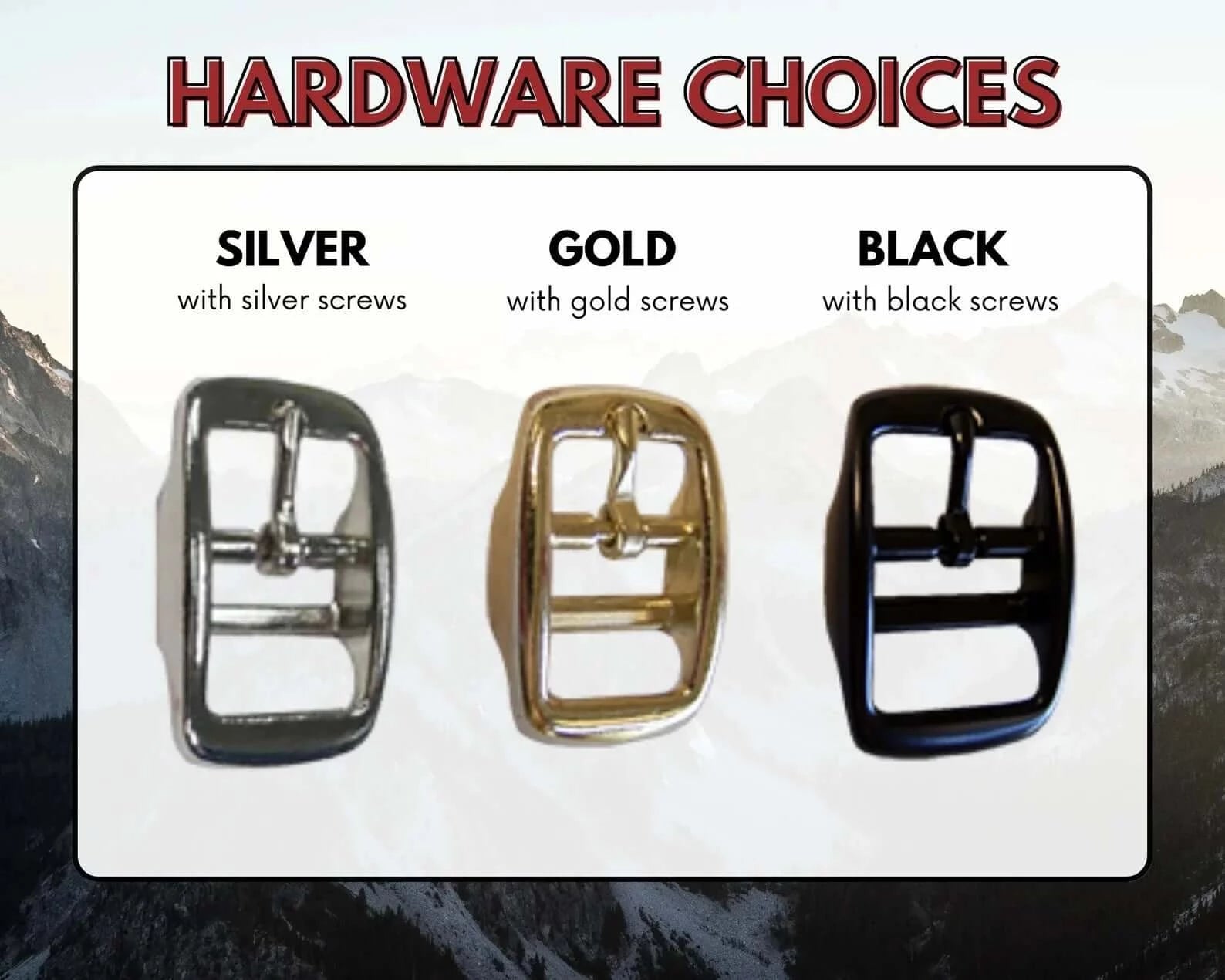 Three hardware choices for Voyager dog collar: silver with silver screws, gold with gold screws, black with black screws.