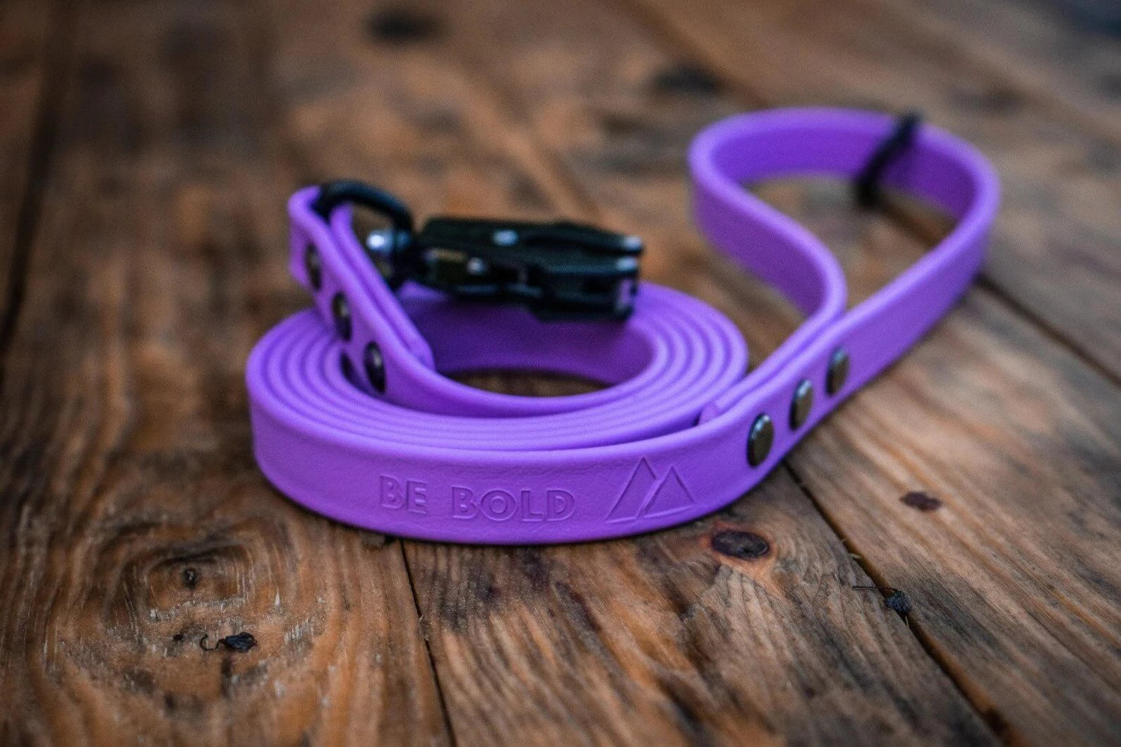 biothane dog leash in amethyst with black hardware and frog style clip on a wood background